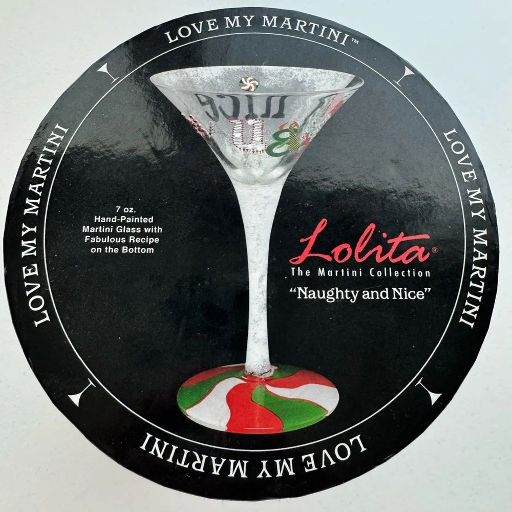Lolita Naughty and Nice Christmas Martini Glass NIB Hand Painted Collectible 7oz